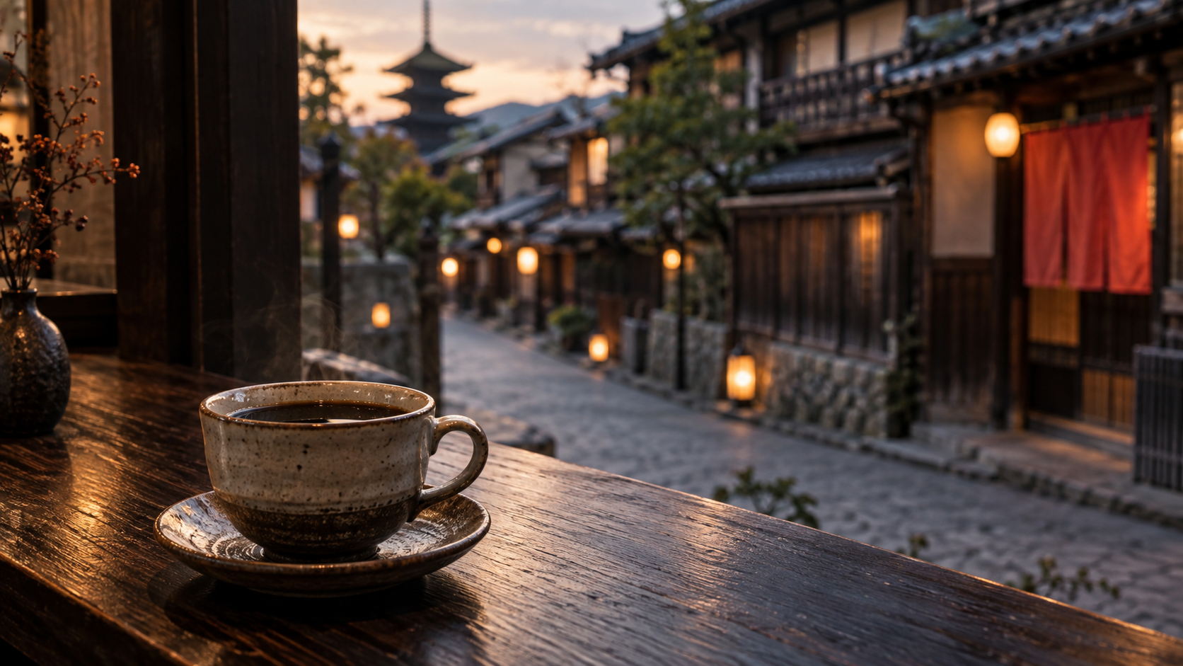 京都の街並みを望む窓辺に置かれたコーヒー